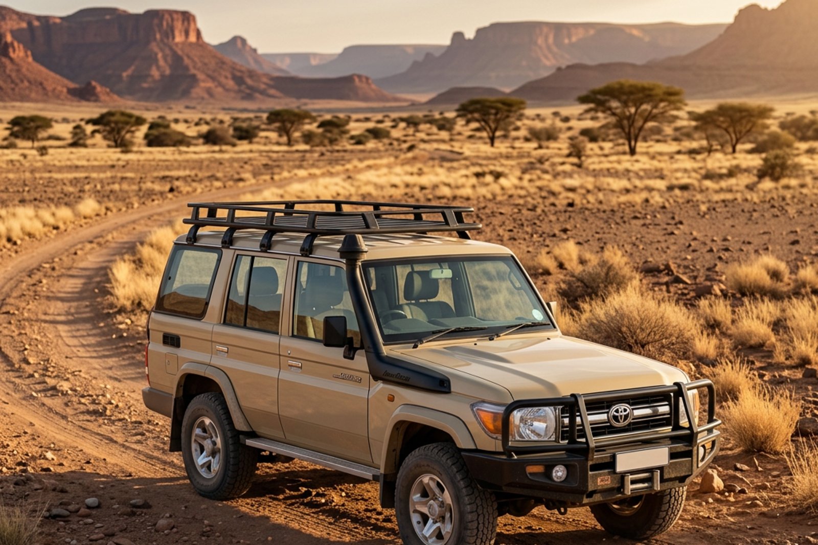 Toyota Land Cruiser 4x4 with roof rack on a remote gravel track below Namibian escarpment cliffs