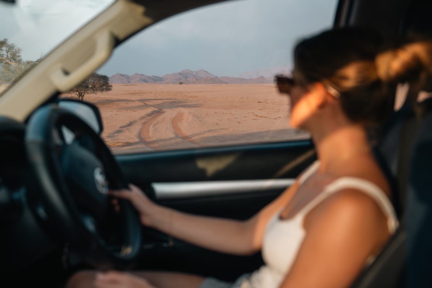 View from inside a Toyota Hilux of a woman driving on a desert track towards mountains in Namibia