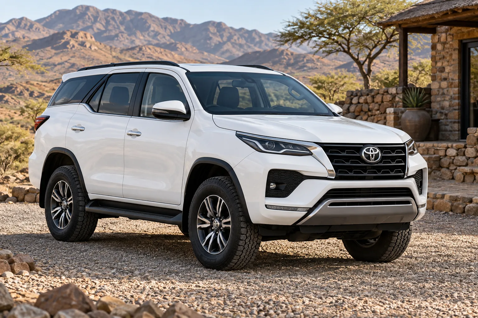 White Toyota Fortuner 2.4 4x4 SUV for rent in Namibia, parked at a lodge
