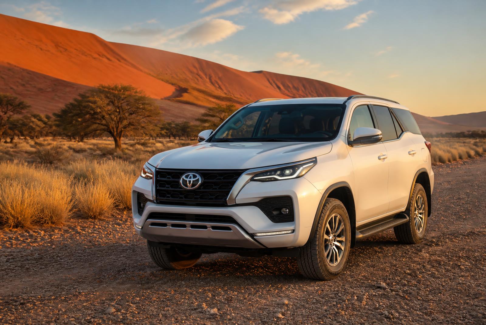 White Toyota Fortuner 2.4 4x4 rental parked on gravel with the red Sossusvlei dunes behind it