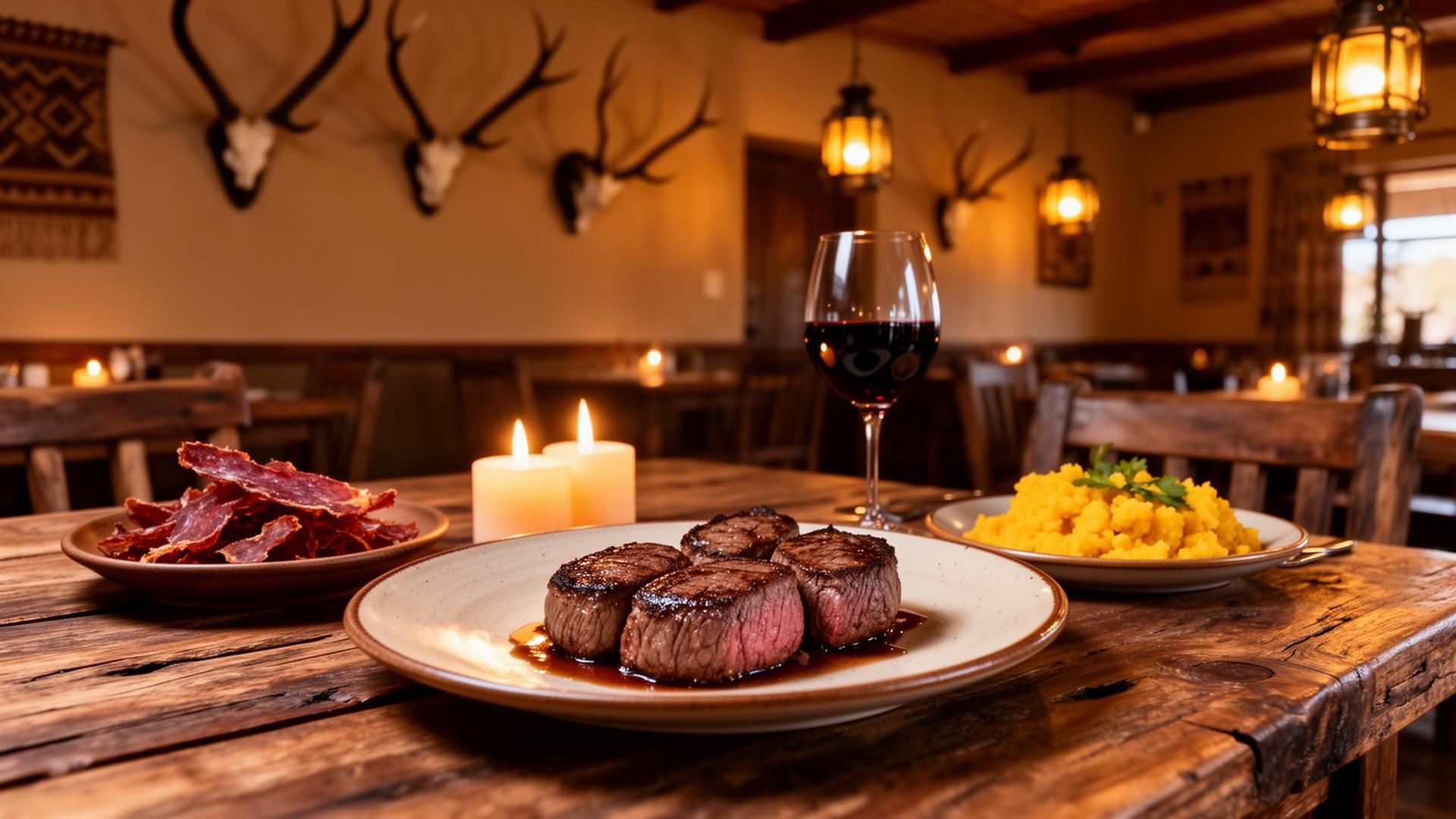 Plated Namibian game medallions and beef fillet with biltong and pap on a rustic table in a Windhoek restaurant