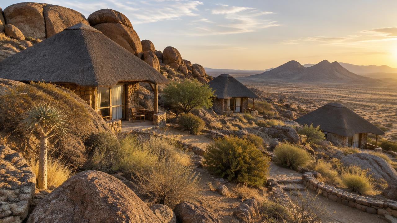 Thatched stone lodge chalets among granite boulders in southern Namibia