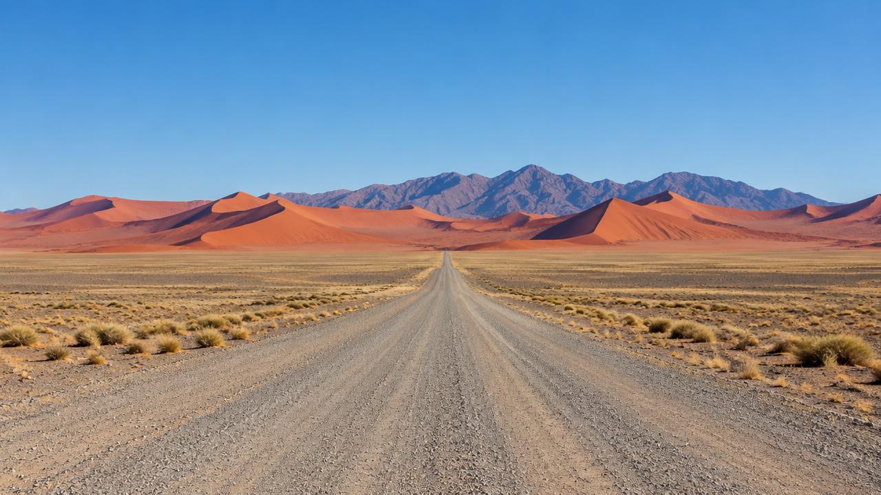 Gravel road through the Namib Desert towards red dunes on a Namibia self-drive