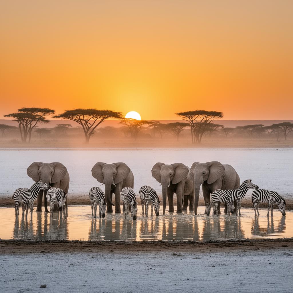 Elefanten und Zebras trinken bei Sonnenuntergang an einem beleuchteten Wasserloch im Etosha-Nationalpark, Namibia Wildlife Resorts