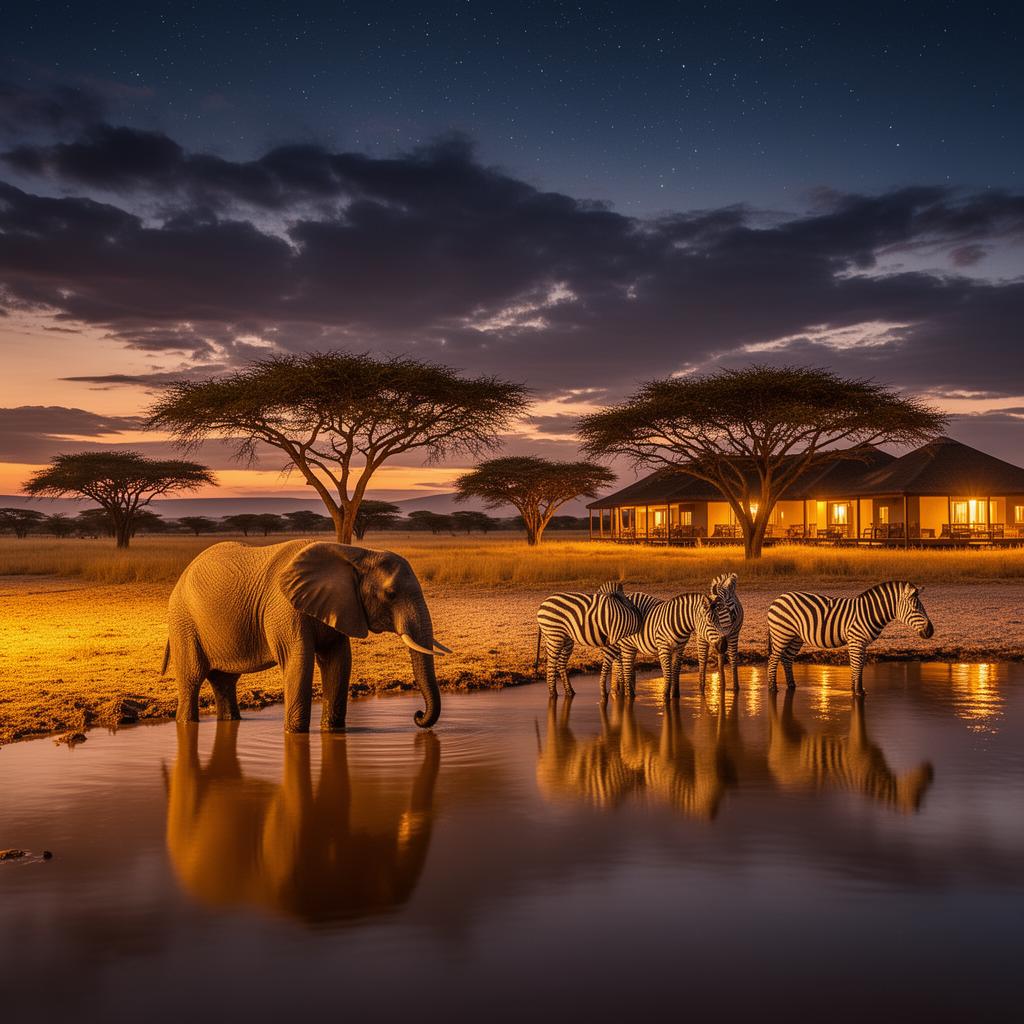 Beleuchtetes Wasserloch im NWR Okaukuejo Resort in der Abenddämmerung, Elefant und Zebras beim Trinken, Etosha-Nationalpark